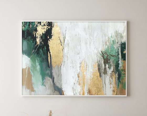 "Green Avalanche" Green gold abstract art