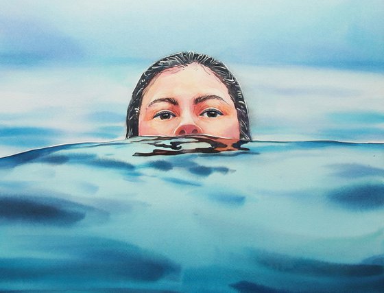 "Girl in the water" - watercolor painting realism, original gift, erotic girl, office decor, blue, home interior, wall painting