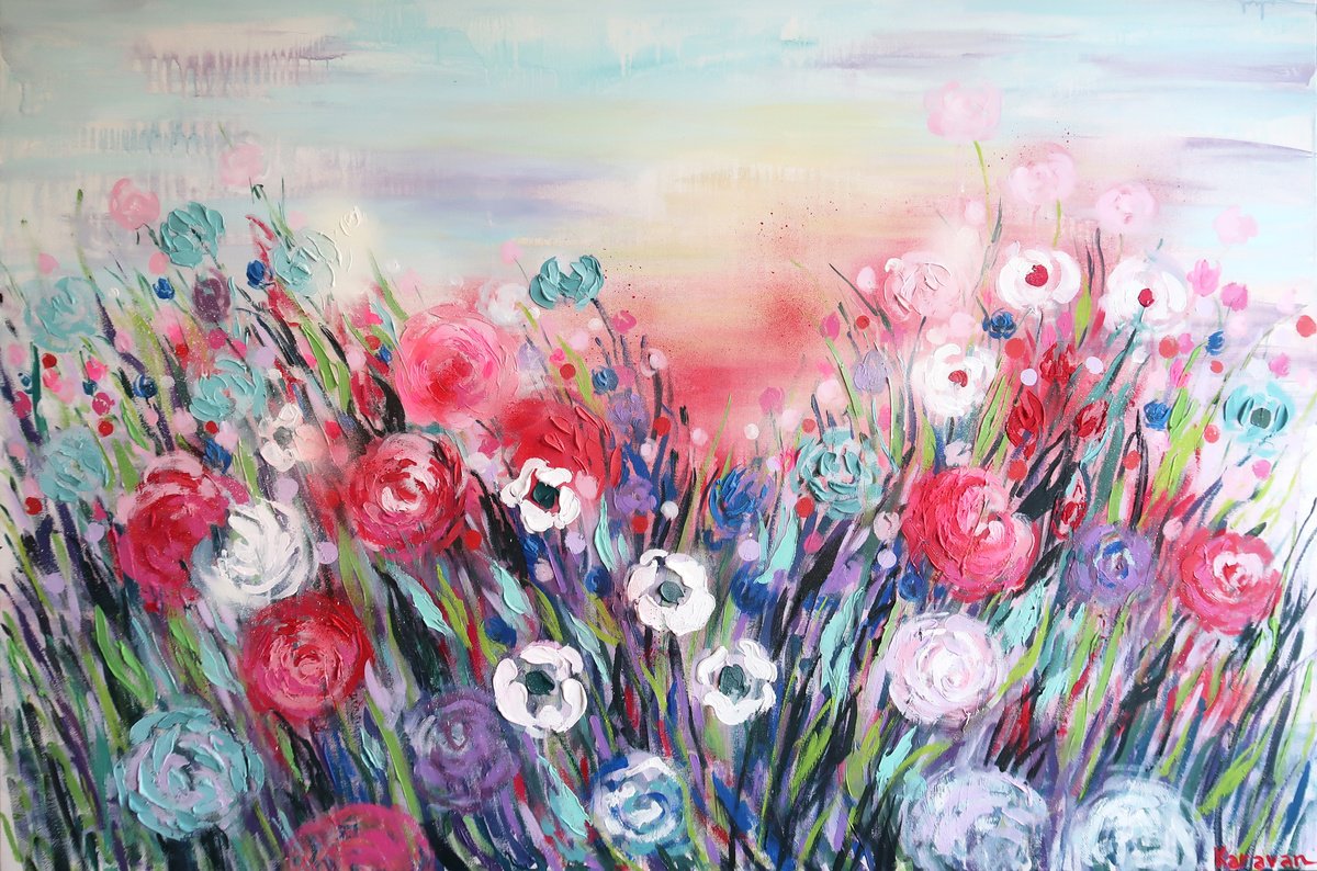 Impressionistic Botanical Acrylic Painting By Nataliia Karavan, 60 X 40", Meadow Of Paradise, Original Artwork