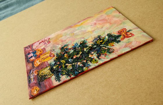 Christmas tree original oil painting on canvas, holiday decor, housewarming gift