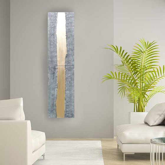 steel gold stripe painting A244 Vertical long  50x200x2cm decor  original abstract art Large paintings stretched canvas acrylic art industrial metallic textured wall art