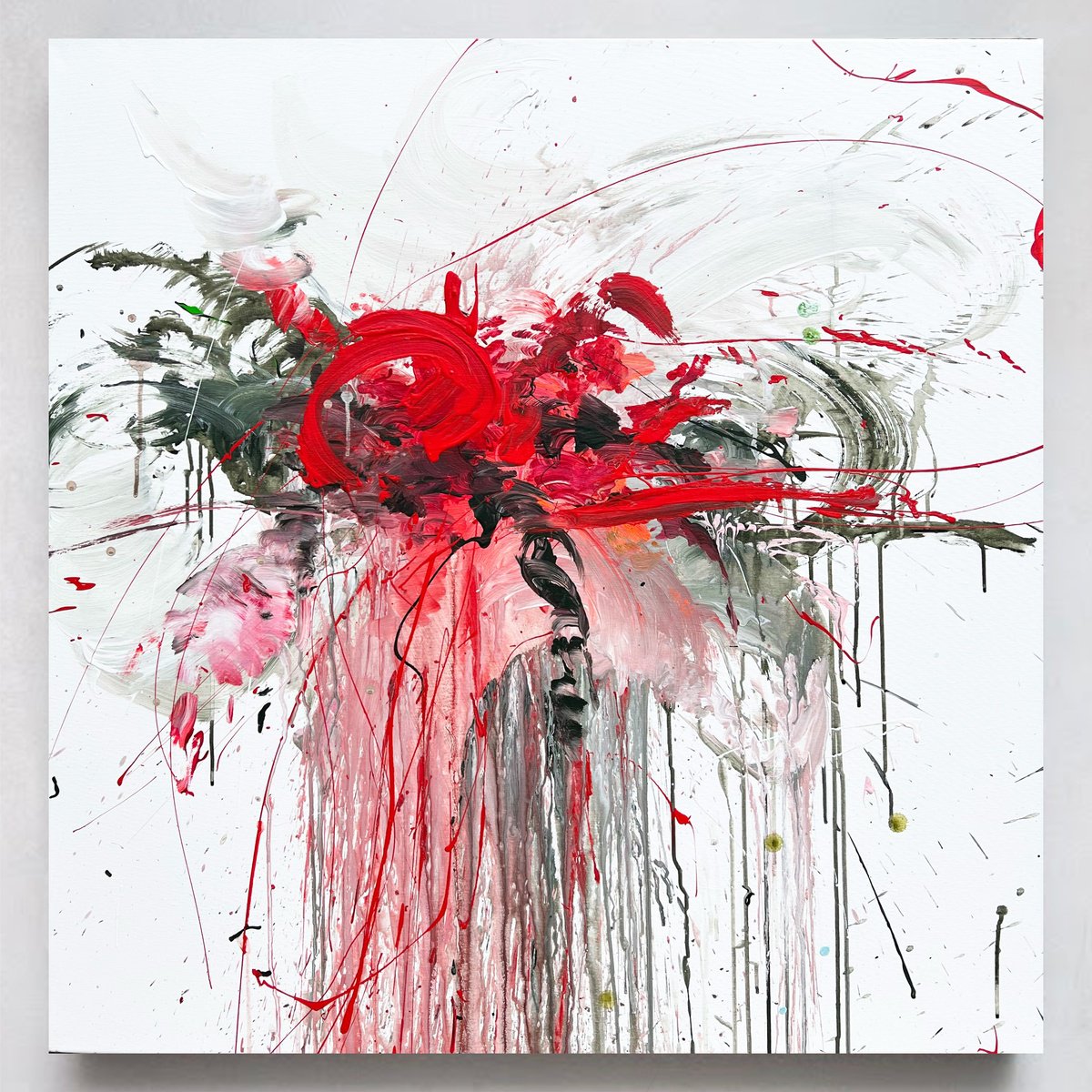 Abstract Botanical Acrylic Painting By Rosi Roys, 39 X 39", Red Flower 4, Original Artwork