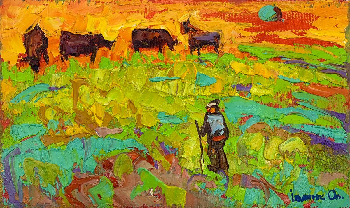 Impressionistic Animal Oil Painting By Kalenyuk Alex, 10 X 6", The Sun Is Setting, Original Artwork