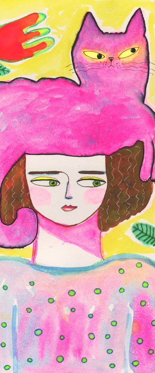Cat lady with pink cat on head folk art by Sharyn Bursic