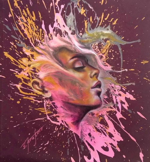 "In my mind " 70x75x2cm, original oil and acrylic large painting on fabric,ready to hang by Elena Kraft