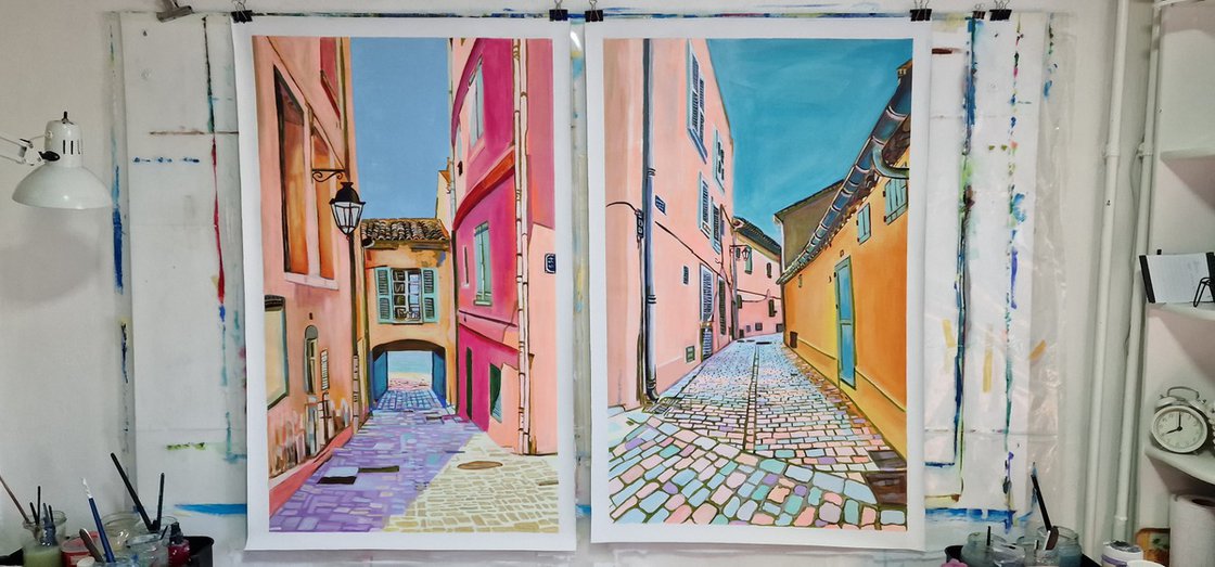 Original Acrylic Painting - Saint-tropez , Mediterranean Street by