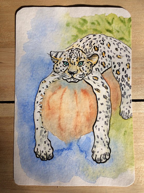 Animal drawing - Leopard mixed media watercolor - Framed small artwork - Gift idea (2021)