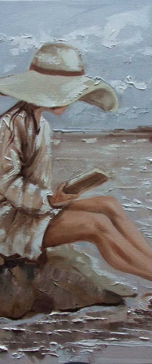 " NICE PLACE TO READING ... "- SKY SEA SAND liGHt  ORIGINAL OIL PAINTING, GIFT, PALETTE KNIFE by Monika Luniak