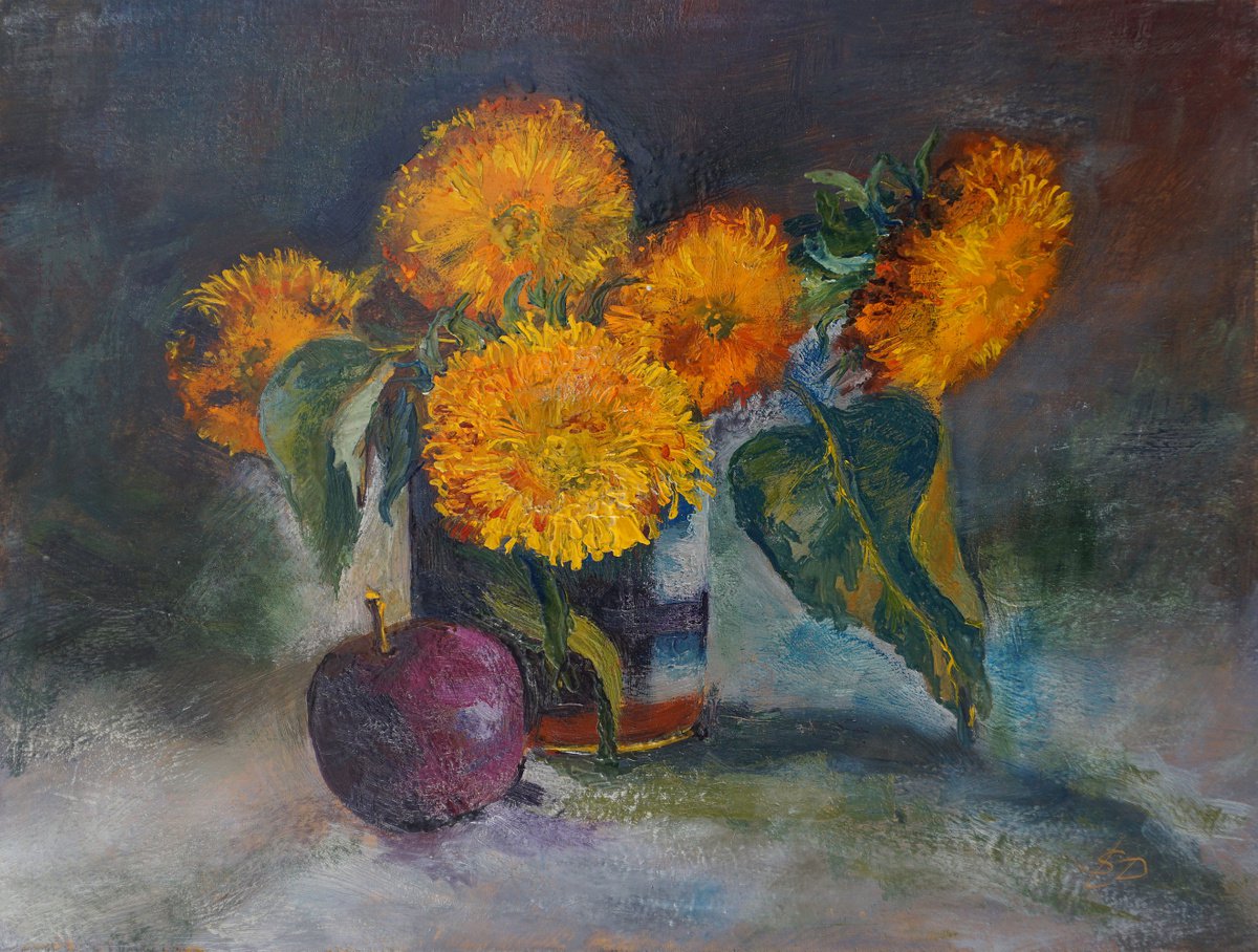 Still Life With Plums (hot wax on fibreboard) by Dora Stork