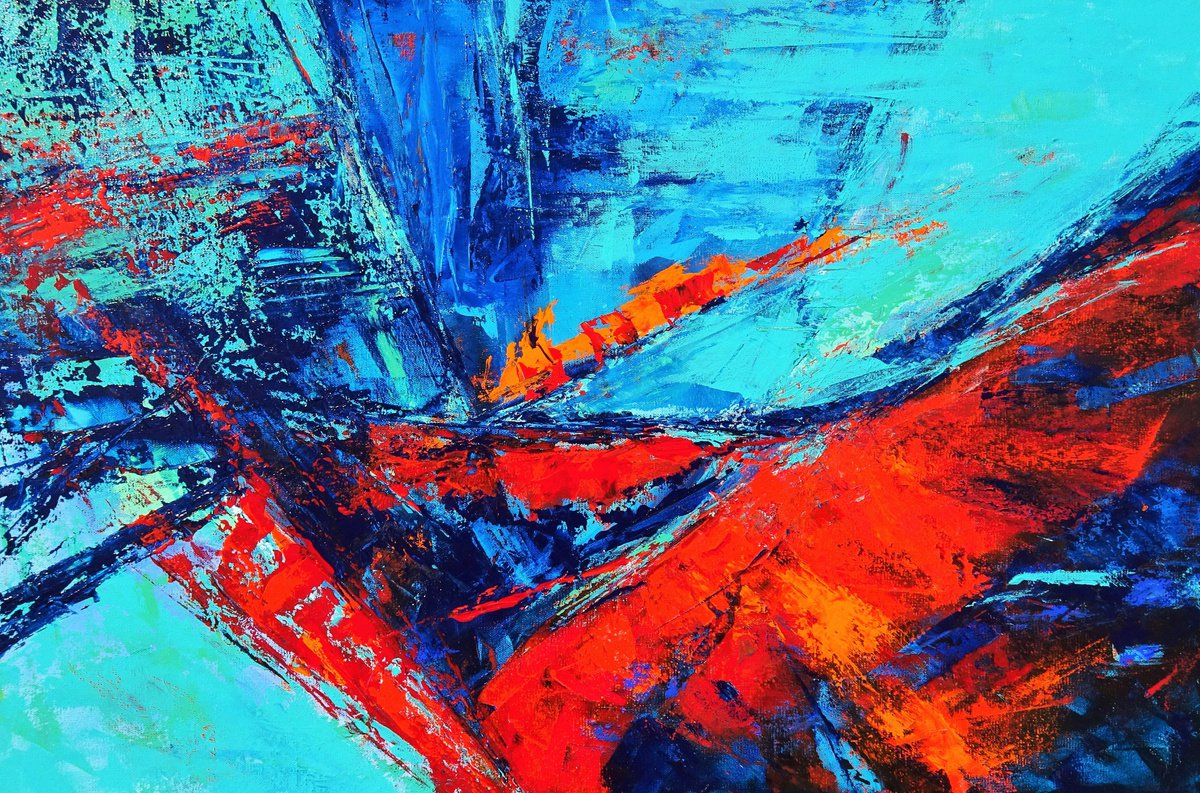 MOMENTS IN TIME I. Teal, Blue, Aqua, Navy, Red Contemporary Abstract Painting with Texture by Sveta Osborne