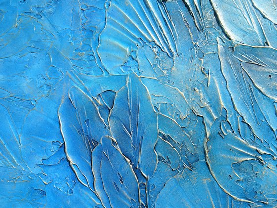 TROPICAL VIBES. Abstract Blue, Teal, Turquoise, Gold Textured Coastal Large Painting