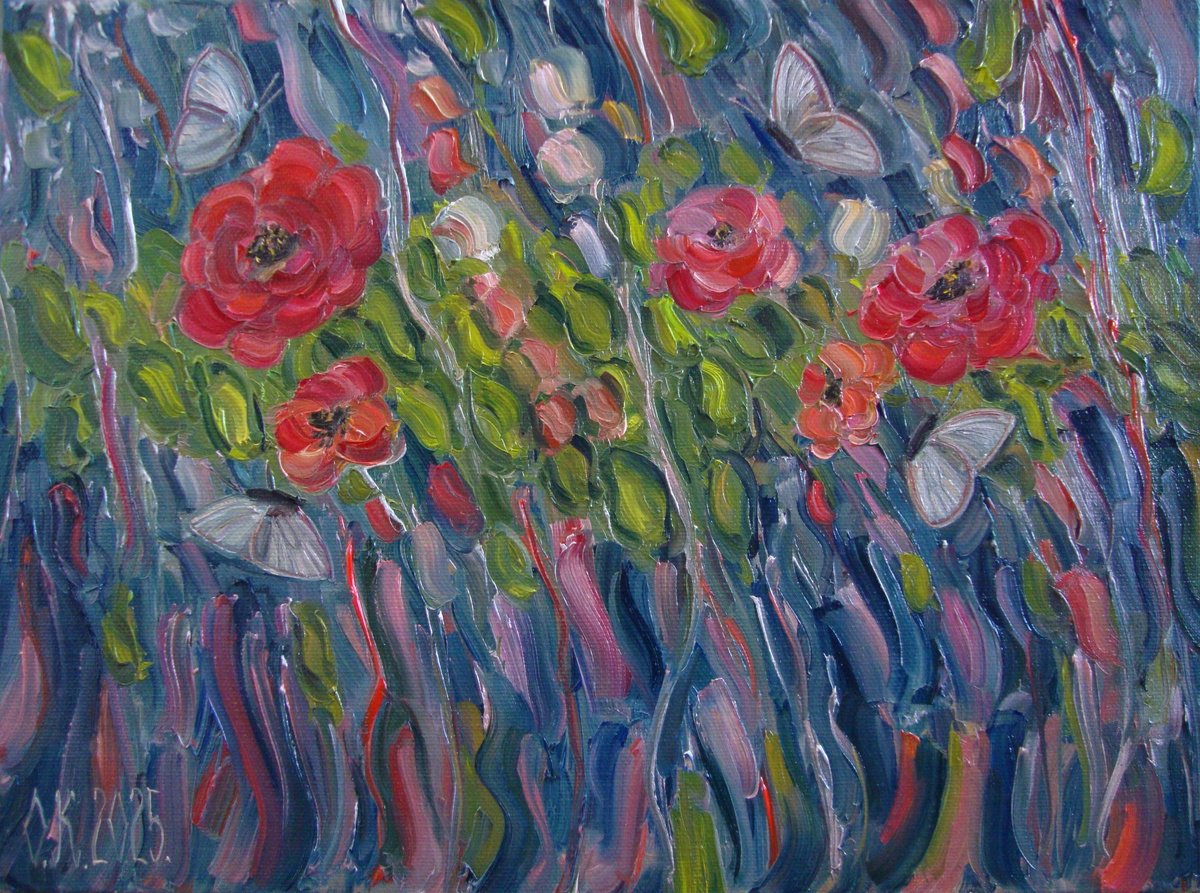 Abstract Botanical Oil Painting By Olga Knezevic, 16 X 12", Cheerful Day, Original Artwork