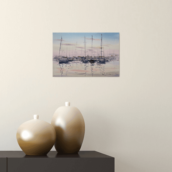 Yachts on the pier in a pink sunset #2