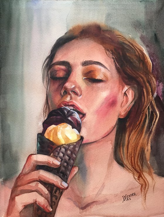 Girl with ice cream. Portrait of a woman.