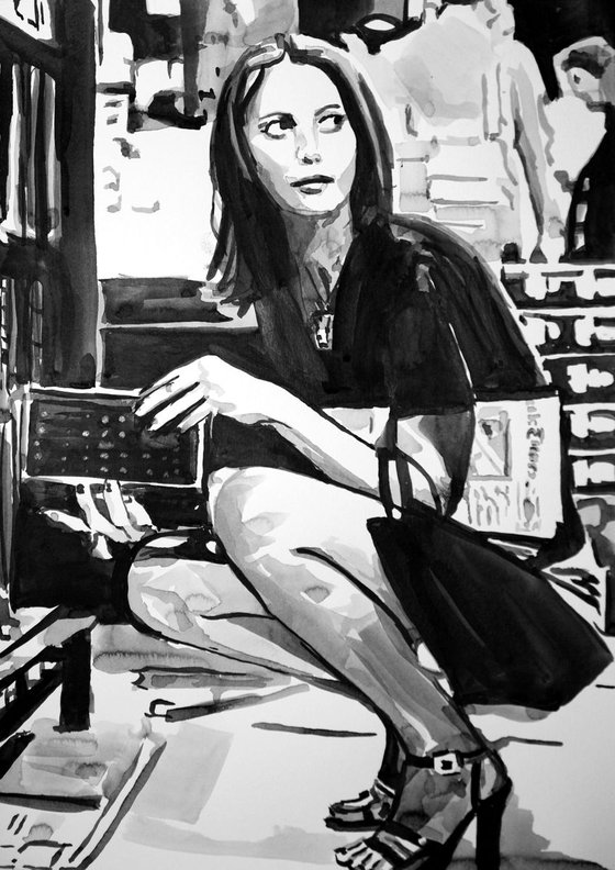 A girl with books / 42 x 29.7 cm