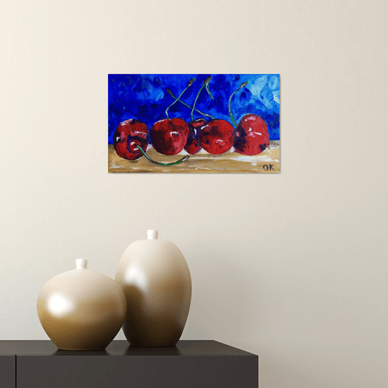 Cherries. Still life. Palette knife painting on linen canvas