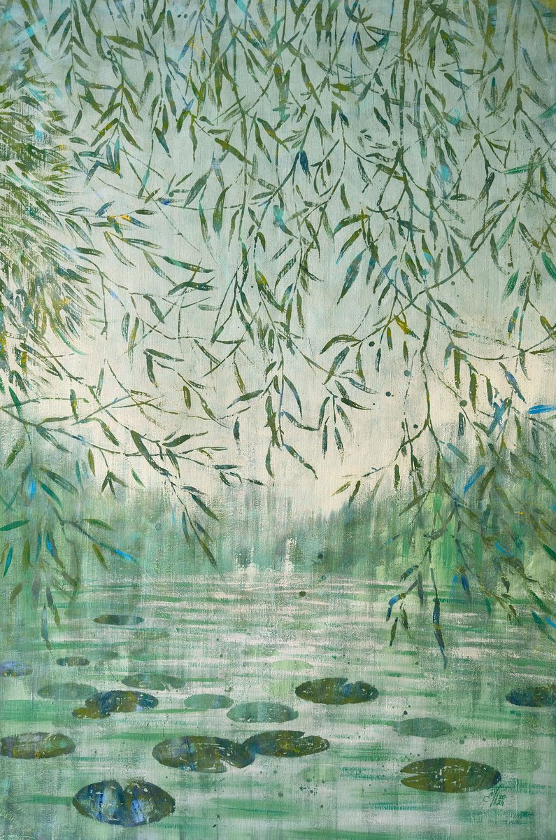 Illustrative Landscape Acrylic Painting By Ekaterina Prisich, 35 X 55, Misty Willow Pond, Original Artwork