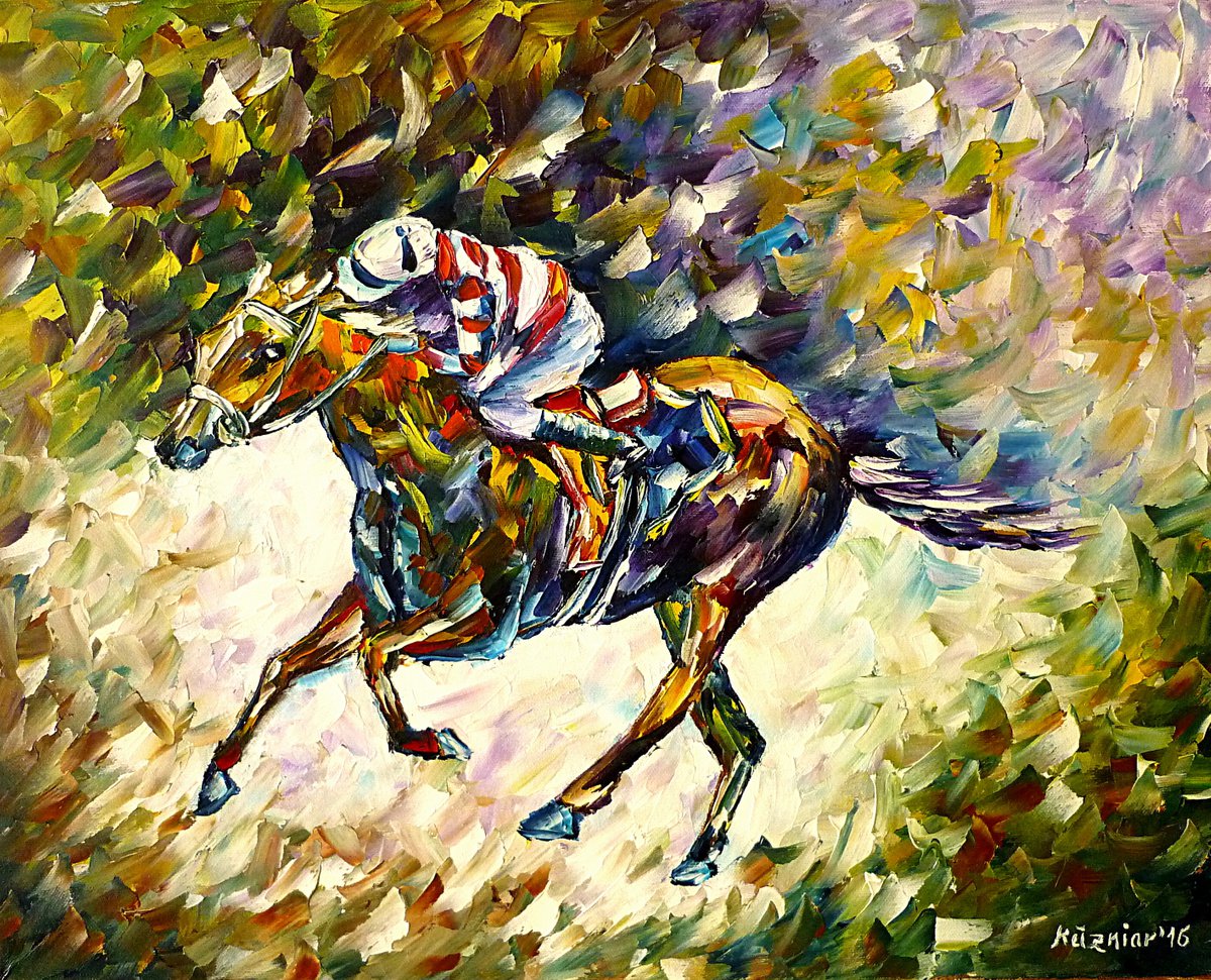 Expressive Animal Oil Painting By Mirek Kuzniar, 20 X 16", Jockey I, Original Artwork