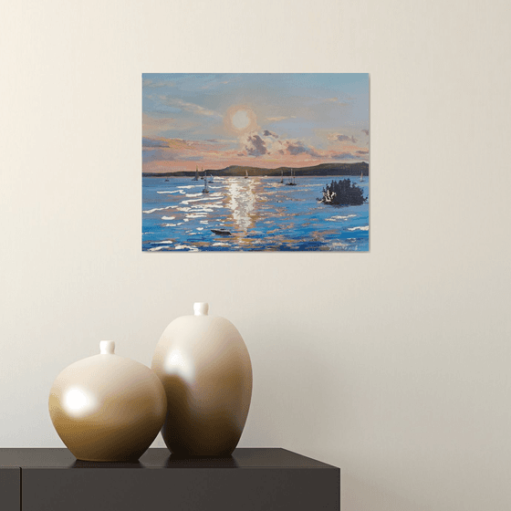 "Golden light over the ocean bay", original, acrylic and golden leaf on canvas impressionistic seascape
