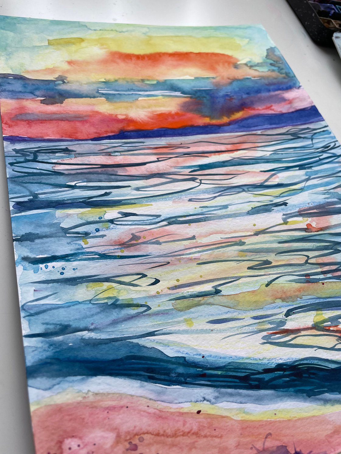 Sunset watercolor original painting,seascape watercolor, California coast painting, Sonoma County art, Bodega shops Bay art, ocean watercolor.