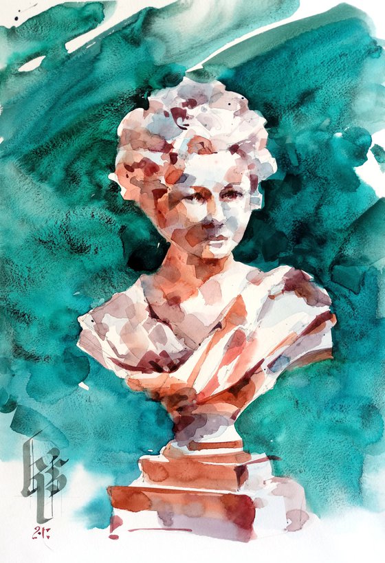 Modern still life with plaster statue, original watercolor artwork