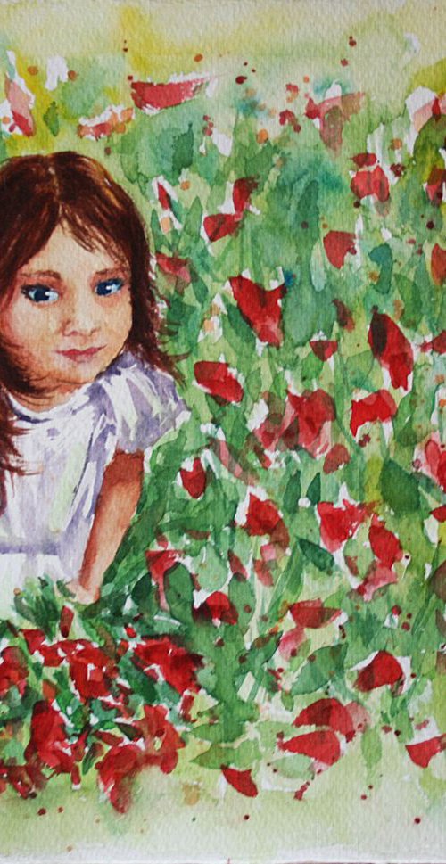 In Field of Red Flowers  / Original Painting / emotion in the portrait of a flower / color harmony of watercolor / a gift for you by Salana Art Gallery
