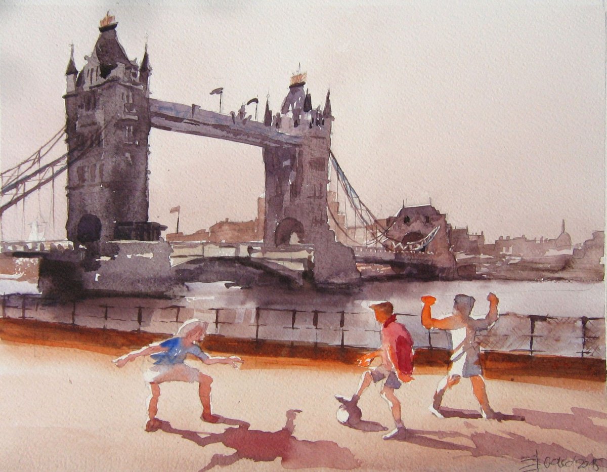 Impressionistic Cityscapes Watercolour By Goran Zigolic Watercolors, 18 X 14, Birth Of Football, Original Artwork