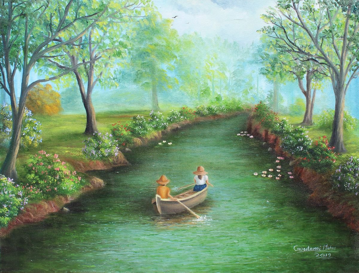 Forest Boating Landscape Painting by Goutami Mishra
