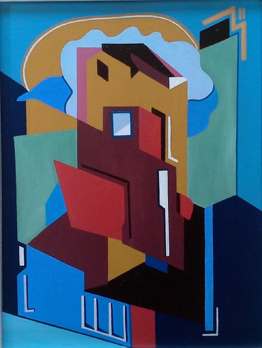 Geometric Cityscapes Oil Painting By Paul Heron, 15 X 19", The Tower., Original Artwork