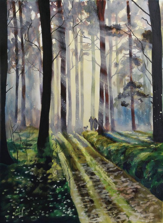 Forest painting, woodland walk with the dog