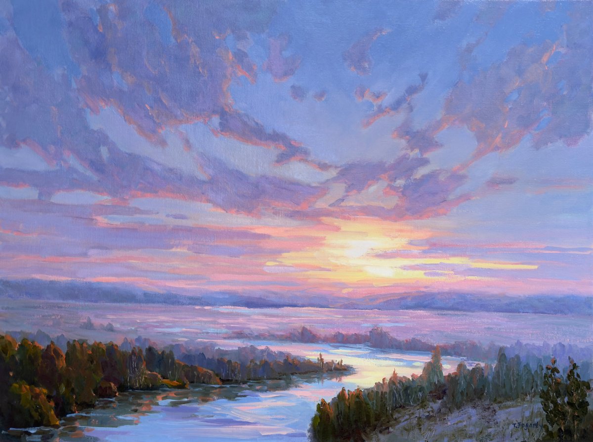 Impressionistic Landscape Oil Painting By Tatyana Fogarty, 24 X 18", Clouds Reflections At Sunset, Original Artwork