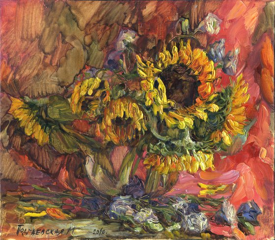 Sunflowers on a red drapery