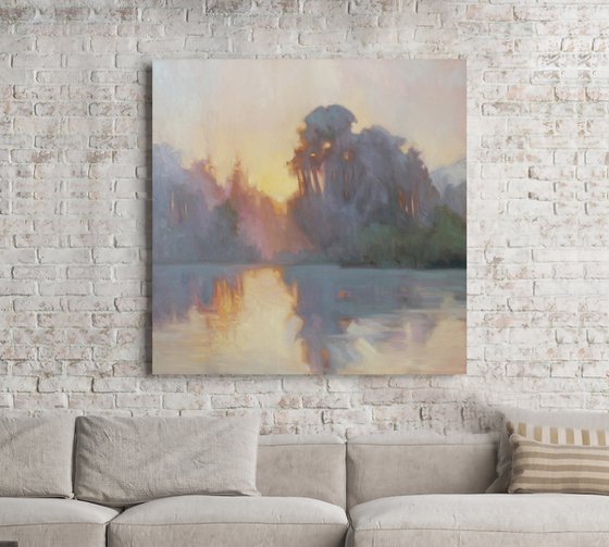 "Evening fog" River gray orange oil landscape