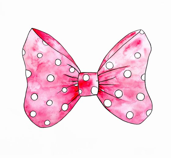 Pink Bow Art, Watercolor Painting