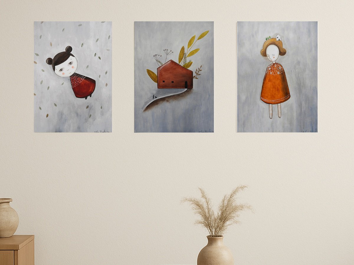 Illustrative Portrait Oil Painting By Silvia Beneforti, 25 X 12", Like In A Fairy Tale, Set Of 3, Original Artwork