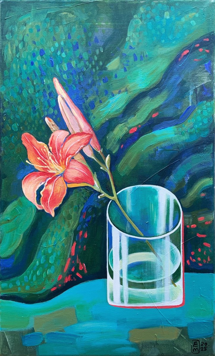 Impressionistic Botanical Acrylic Painting By Elena Tomilova, 12 X 20, Orange Lily, Original Artwork