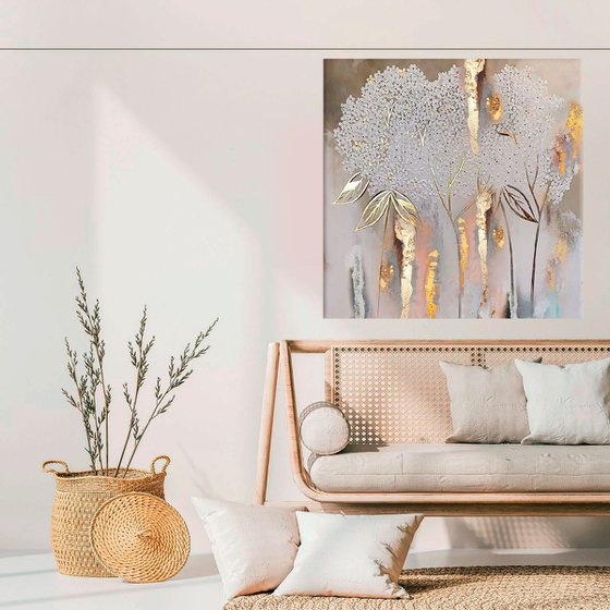 Silver floral abstract painting, Gold Leaf Canvas art