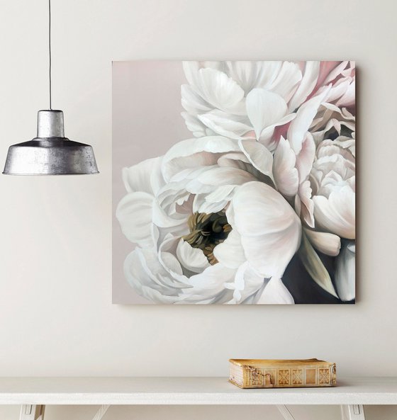 "Gray Silk Peonies" White gray flower oil art