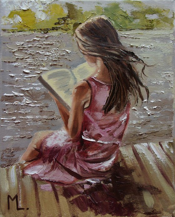 " BOOK LOVER ... VII " original painting LAKE SPRING palette knife GIFT GREEN