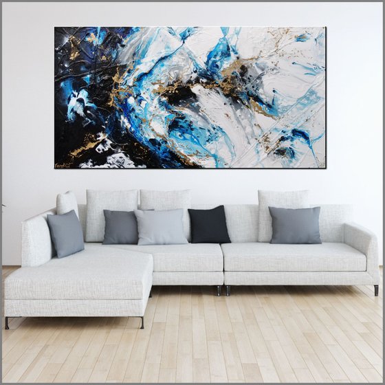 Golden Midnight 190cm x 100cm Blue Gold White Textured Abstract Art