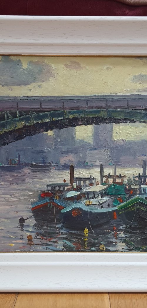 Boats Moored On The Thames At Battersea, oil painting by Roberto Ponte