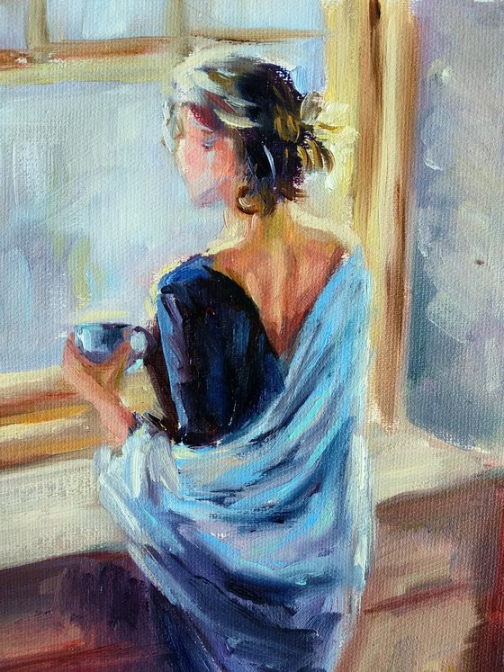 Portrait Women in Love Cup of Tea Open Window Sunny Day Fresh Air Blue Picture