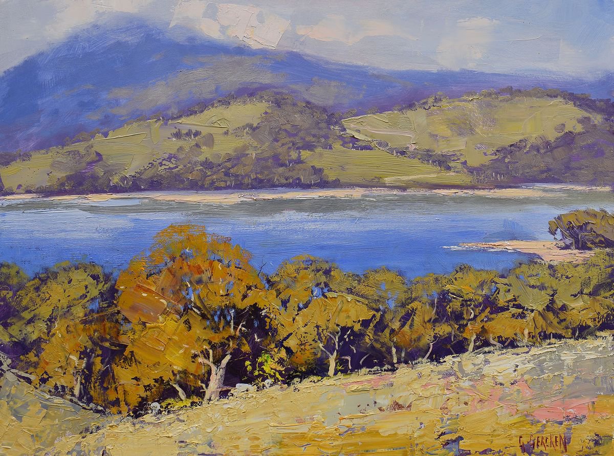Plein air landscape painting original work lake with trees by Graham Gercken