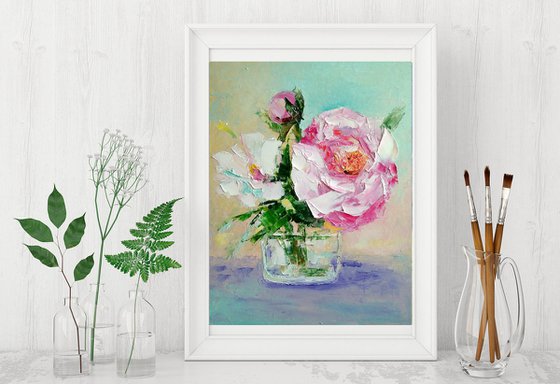 Peonies Painting Original Art Pink Floral Small Artwork Daisy Wall Art