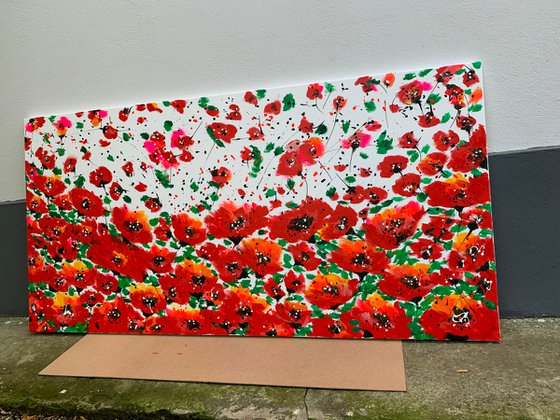 71''x 35''(180 x 90 cm), Garden of Joy 28, art, red green flowers, peony, roses, poppy  original acrylic canvas art, ready to hang