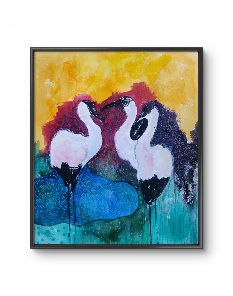 Impressionistic Animal Painting By Kira K. Sadian, 20 X 24", Three Herons, Original Artwork