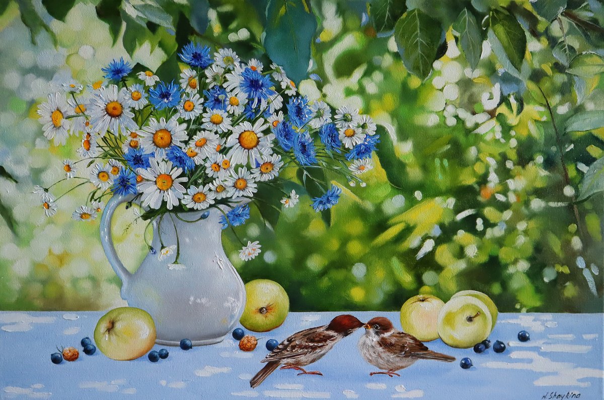 Impressionistic Botanical Oil Painting By Natalia Shaykina, 24 X 16", Wildflowers And Birds, Original Artwork