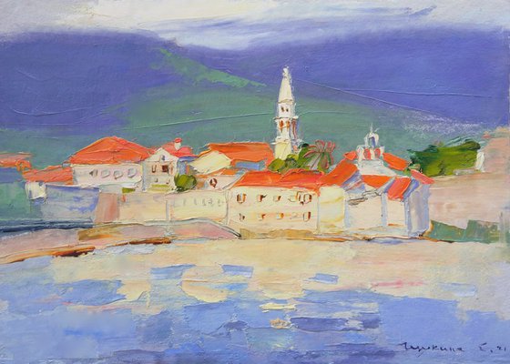 View of the fortress in Budva. Montenegro . Original plein air oil painting .