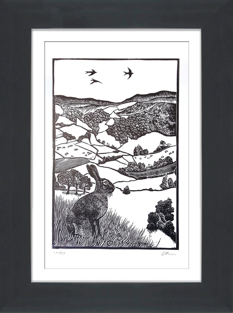 Landscape Linocut By Carolynne Coulson, 14 X 19, Hare