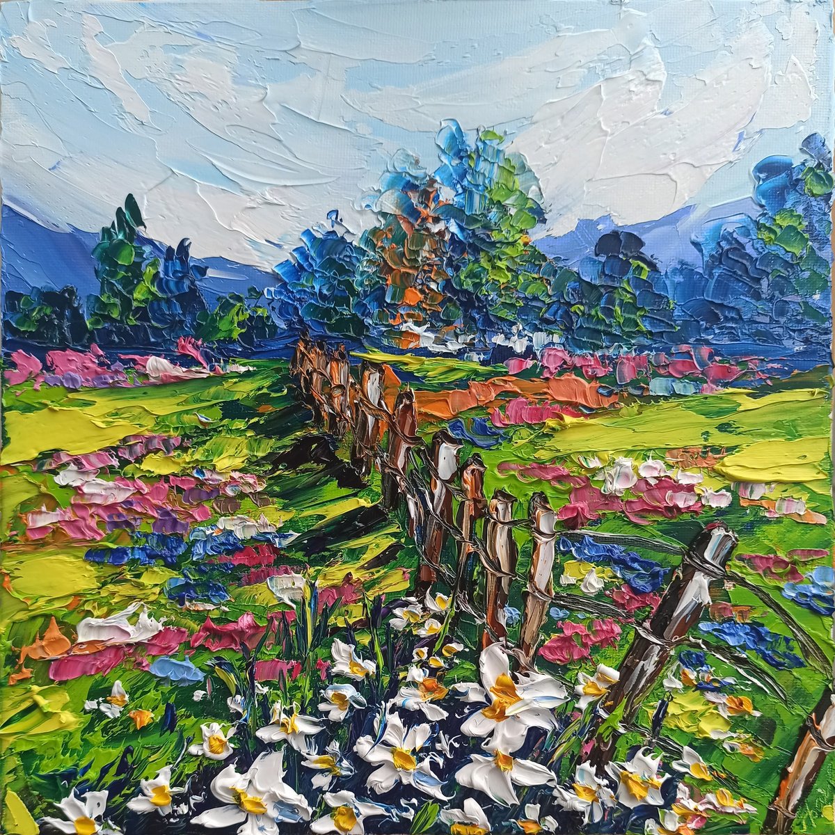 Impressionistic Landscape Oil Painting By Oksana Fedorova, 10 X 10", The Old Fence By The Meadow, Original Artwork